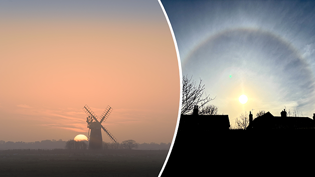 Split image showing a windmill silhouetted against an orange sunset on the left, and a bright sun with a circular halo above dark rooftops on the right, divided by a curved white line.