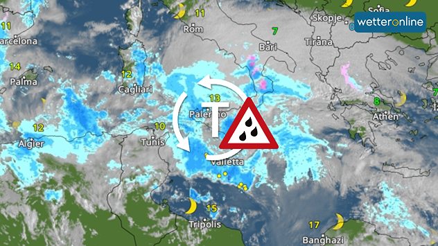Mapa meteorológico del Mediterráneo central con una zona de baja presión sobre Sicilia y Malta, indicada con el símbolo de lluvias intensas y amplias zonas de precipitaciones.