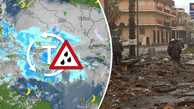 Imagen combinada de un mapa meteorológico sobre el Mediterráneo central con una zona de baja presión y un símbolo de lluvias intensas, así como una foto de una calle inundada con escombros y equipos de emergencia.
