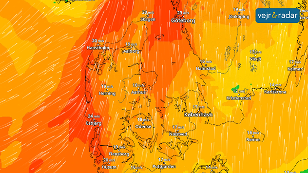 Vindkort over Danmark med stormende vind og vindhastigheder op til omkring 24 m/s.