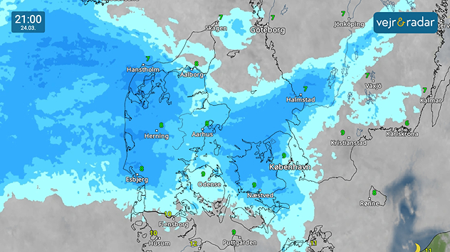 Vejrkort over Danmark kl. 21.00 den 24. marts med udbredt regn og byger over hele landet.