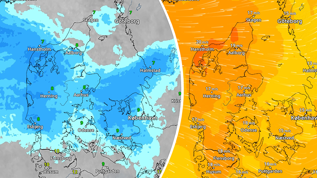 Sammenligning af vejrkort over Danmark med regn efterfulgt af blæsende vejr og kraftig vind.