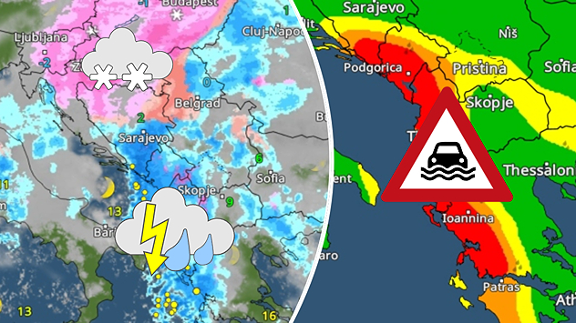 Links zeigt das WetterRadar kräftige Niederschläge auf dem Balkan, rechts ist eine Unwetterwarnung zu sehen.