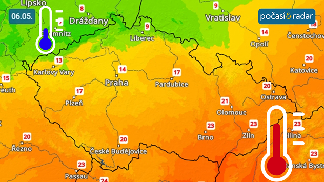 Předpověď maximálních denních teplot v Česku na středu 6. května: V novém týdnu bude v Česku od severozápadu docházet k ochlazování. Ve středu tak budou teploty výrazně nižší na severozápadě než na jihovýchodě.