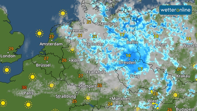 WetterRadar zeigt Regen in der Nordosthälfte und Sonne-Wolken-Mix im Südwesten