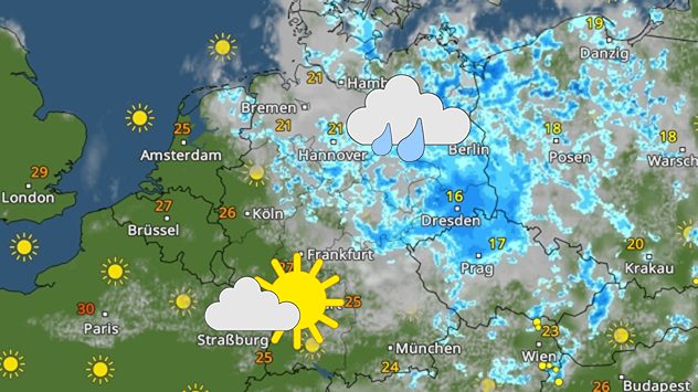 WetterRadar zeigt Regen in der Nordosthälfte und Sonne-Wolken-Mix im Südwesten