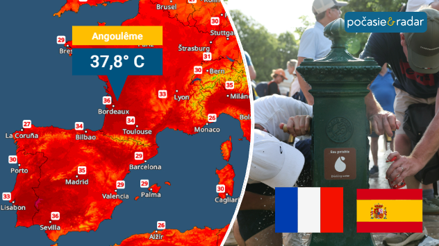 Mapa západnej Európy s horúčavami vo Francúzsku a Španielsku, doplnená fotografiou ľudí pri pitnej fontáne