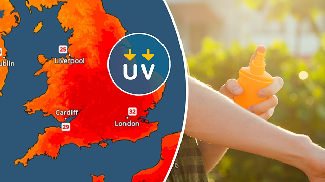 Split graphic showing a UK temperature map with hot conditions across England and Wales, temperatures reaching 32 °C near London, and a UV warning icon on the left, alongside a person applying sunscreen in bright sunshine on the right.