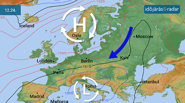 Nyomási térkép, amin látható hogy megváltozó időjárási helyzet: ÉK felől hidegebb légtömegek érkeznek Közép-Európába