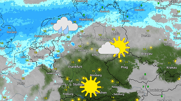 WetterRadar-Karte vom 14. November: Im Norden Regen, im Süden Sonne bei 12 bis 17 °C – starker Wetterkontrast mit Symbolen hervorgehoben.
