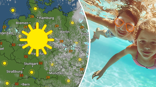 Geteilte Grafik: Links zeigt eine Wetterkarte für Deutschland mit zahlreichen Sonnensymbolen und Höchstwerten zwischen 27 und 33 Grad. Ein großes Sonnensymbol hebt das verbreitet sonnige und heiße Wetter hervor. Rechts schwimmen zwei Kinder mit Taucherbrillen lächelnd unter Wasser in einem Pool. Die Montage verdeutlicht ideales Badewetter bei sommerlicher Hitze.