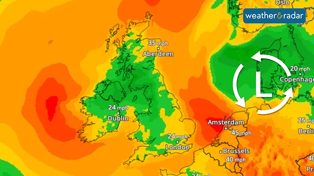 Wind map of the UK and Western Europe with a low-pressure icon indicating Storm Benjamin centred over Denmark.