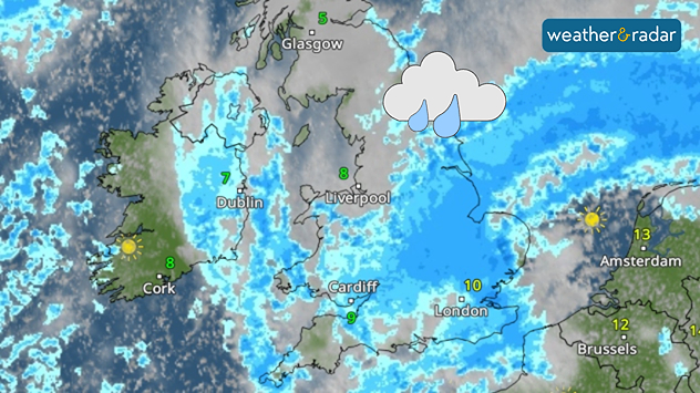 Weather radar map over the UK and Ireland showing widespread blue precipitation bands, cloud icon, and temperatures from 5°C in Glasgow to 13°C near Amsterdam.