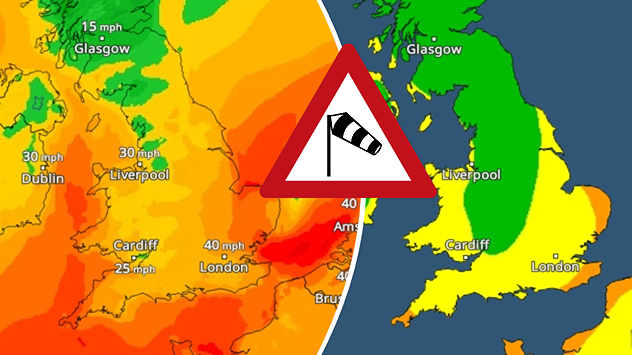 Split weather map showing UK wind speeds in orange-red shades up to 40 mph on the left and warning levels in green-yellow on the right, with a central wind warning sign.