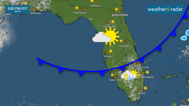 Weak cold front travels southward, increasing the rain chances. 