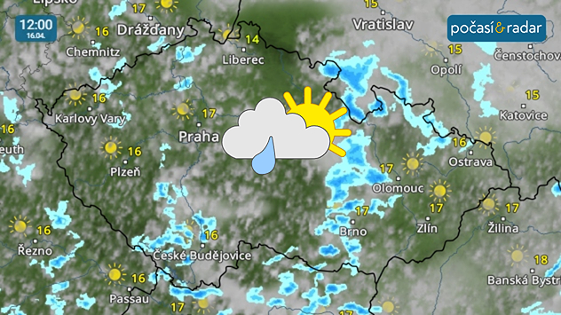 Meteoradar, screenshot, 16. dubna 12:00: Nadcházející dny přinesou k nám poměrně teplé počasí s převážně polojasnou až oblačnou oblohou a místními přeháňkami.