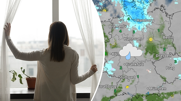 Links: Eine Frau, die aus dem Fenster in einen grauen Himmel schaut. Rechts das WetterRadar für Donnerstag.