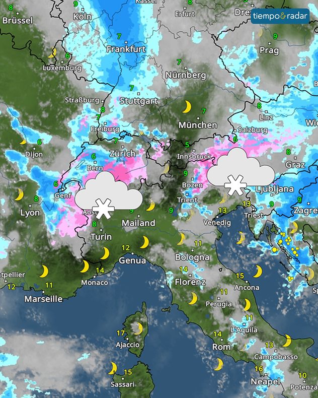 Desde los Alpes suizos, pasando por el Tirol, hasta el Tirol del Sur y los Dolomitas, nevará de forma generalizada. Especialmente en las zonas más altas puede acumularse una buena cantidad de nieve fresca. En los valles, en cambio, suele limitarse a lluvia. También al norte de los Alpes el tiempo será desagradable. Las lluvias se extenderán desde Suiza, pasando por Baden-Württemberg, hasta Hesse. El tiempo es mucho más agradable al sur de los Alpes: en gran parte de Italia no llueve y, de vez en cuando, asoma el sol.
