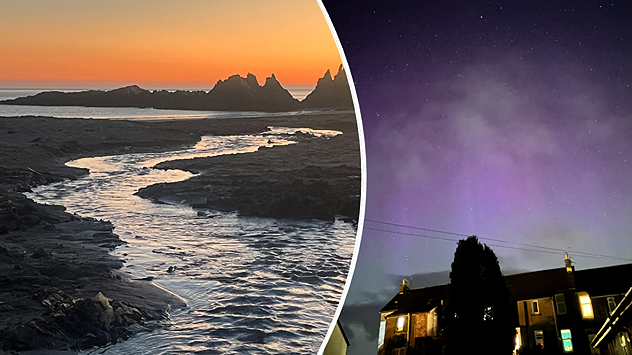 Split image showing an orange coastal sunset over a winding tidal stream and jagged rocks beside purple northern lights above houses at night.