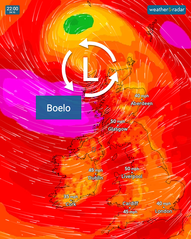 Wind forecast at 22:00 on 24.10 showing Storm Boelo northwest of Scotland, with winds of 50 mph near Glasgow and Liverpool and 45 mph near Dublin.