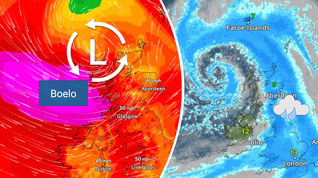 Split weather maps showing Storm Boelo northwest of Scotland, winds reaching 50 mph near Glasgow and Liverpool, and spiralling Atlantic rain bands.