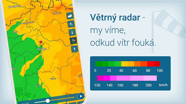 Telefon s aplikací Počasí & Radar s Větrným radarem a vysvětlivkami, jakou barvou je označena síla větru.