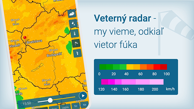 Telefón s aplikáciou Počasie & Radar s Veterným radarom a vysvetlivkami, akou farbou sa označuje sila vetra.