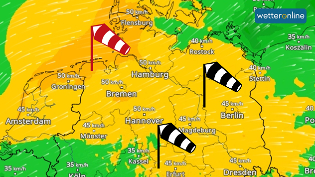 Wetterkarte mit kräftigem Wind über Deutschland. Die stärksten Böen werden an der Nordsee berechnet.