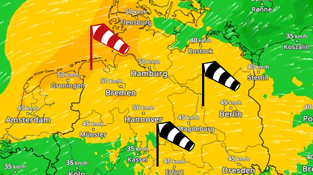 Wetterkarte mit kräftigem Wind über Deutschland. Die stärksten Böen werden an der Nordsee berechnet.