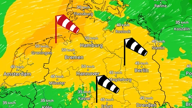 Wetterkarte mit kräftigem Wind über Deutschland. Die stärksten Böen werden an der Nordsee berechnet.
