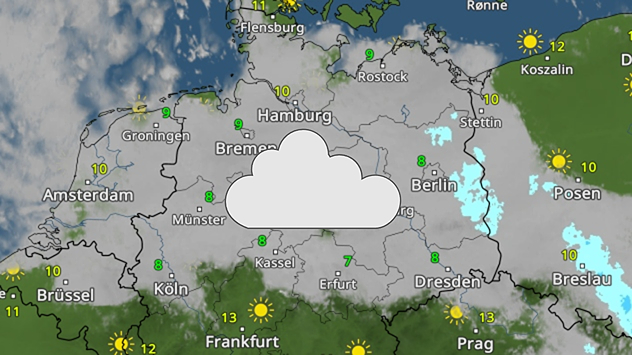 Deutschlandkarte im WetterRadar mit dichter Bewölkung. Viele graue Bereiche über der Mitte und im Norden. Im Süden mehr Sonne und Auflockerungen.