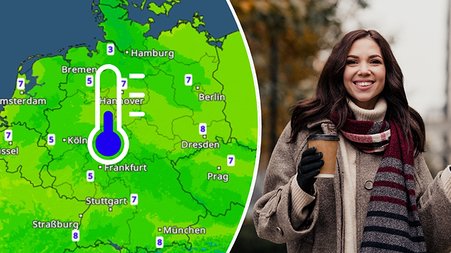Links zeigt das TemperaturRadar morgendliche Werte zwischen 3 und 8 Grad in Deutschland. Ein Thermometer verdeutlicht die Kälte. Rechts hält eine warm gekleidete Frau mit Mantel, Schal und Handschuhen einen Kaffeebecher.