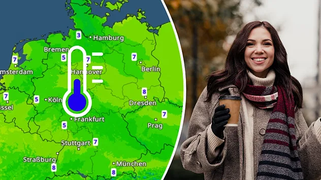 Links zeigt das TemperaturRadar morgendliche Werte zwischen 3 und 8 Grad in Deutschland. Ein Thermometer verdeutlicht die Kälte. Rechts hält eine warm gekleidete Frau mit Mantel, Schal und Handschuhen einen Kaffeebecher.