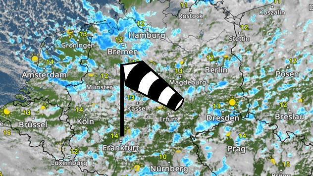 Das WetterRadar zeigt Deutschland am Sonntag mit vielen Wolken und blau markierten Schauern. Einzelne Sonnenlücken sind zu erkennen. Ein Windsack symbolisiert den böigen Wind.