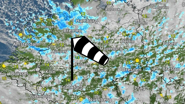 Das WetterRadar zeigt Deutschland am Sonntag mit vielen Wolken und blau markierten Schauern. Einzelne Sonnenlücken sind zu erkennen. Ein Windsack symbolisiert den böigen Wind.