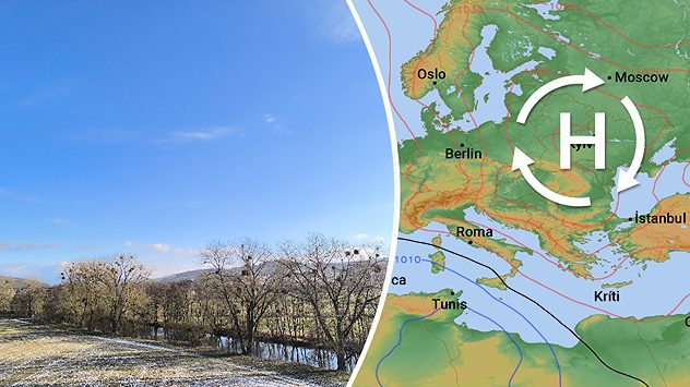 Winterliche Landschaft neben einer Wetterkarte von Europa. Ein Hochdruckgebiet liegt über Mittel- und Osteuropa. Die Lage steht für ruhiges und stabiles Wetter. (c) JÃ¶rg Friedrich 