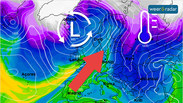 De weerkaart voor eind van de week toont een omvangrijk lagedrukgebied bij IJsland, dat zeer zachte lucht naar West-Europa voert.