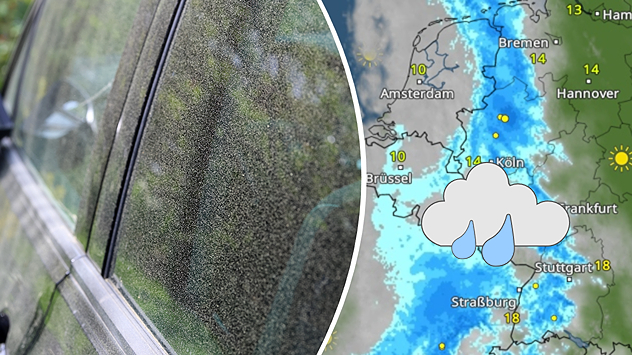 Staubige Autoscheibe neben Wetterkarte mit Regengebiet über Deutschland. Darstellung von Saharastaub, der durch Niederschlag ausgewaschen wird.