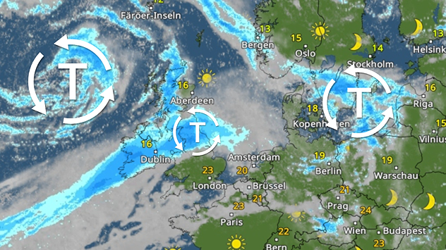 WetterRadar mit mehreren Tiefdruckgebieten über dem Nordatlantik, Irland und Südskandinavien sowie ausgedehnten Regengebieten.