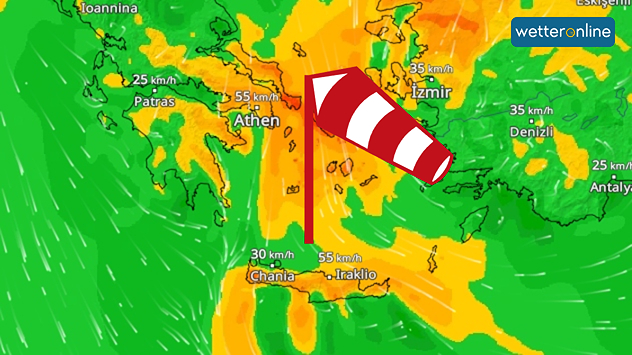 WindRadar-Prognose für heute: In der Ägäis weht ein stürmischer Wind.