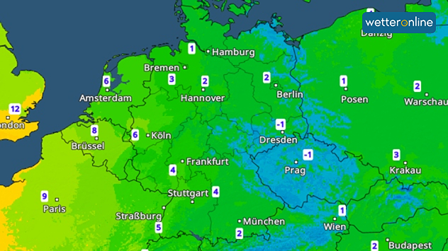 Wetterkarte mit nächtlichen Tiefstwerten in Deutschland und Nachbarländern. Frost im Osten, milder im Westen.