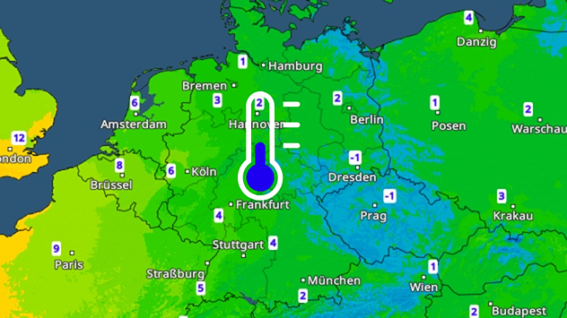 Wetterkarte mit nächtlichen Tiefstwerten in Deutschland und Nachbarländern. Frost im Osten, milder im Westen.