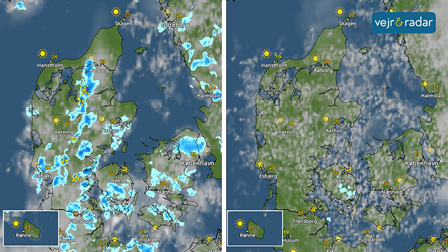 To vejrkort over Danmark, hvor det venstre viser byger og torden, mens det højre viser mere solrigt og tørt vejr.