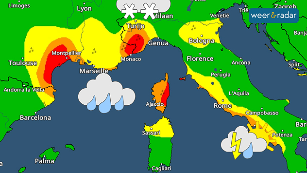 Een waarschuwingskaart toont code geel, oranje en rood voor regen in het westelijk deel van de Middelandse Zee.