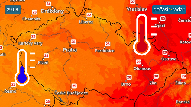 Předpověď maximálních teplotv Česku na pátek 29. 8. V pátek odpoledne dosáhnou maximální teploty na východě země až 30 °C, naopak v Čechách již zůstanou denní teploty většinou jen kolem 25 °C.