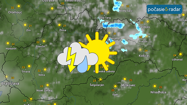 Snímka meteoradaru s vyznačeným symbol slnka a mraku s bleskom a dažďovou kvapkou.