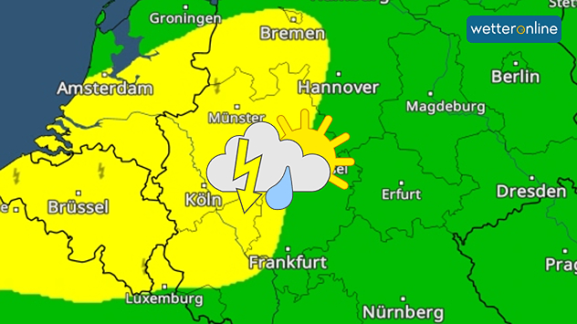 Gewitterwarnung von Rheinland-Pfalz bis Südwest-Niedersachsen, die betroffenen Regionen sind in gelb eingefärbt.