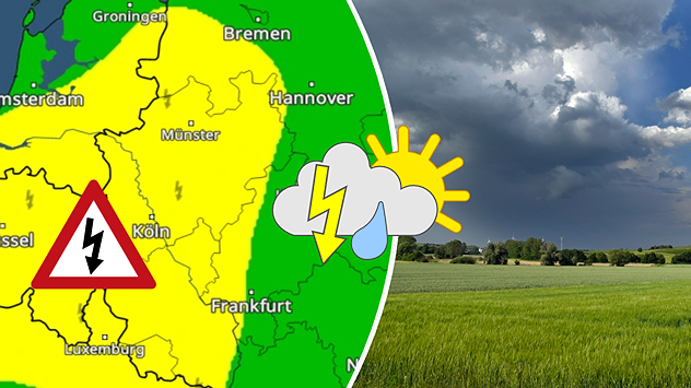 Die Karte zeigt das Gewitterrisiko am Samstagabend mit Schwerpunkt im Westen.