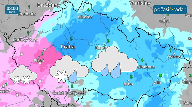 Meteoradar, screenshot, 5. 12., 3:00: Během noci na pátek se na většinu našeho území od jihovýchodu rozšíří srážky.