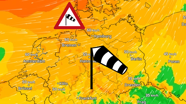 Karte von Mitteleuropa mit starkem Wind. Farbskala zeigt erhöhte Windgeschwindigkeiten. Windsack-Symbol weist auf stürmische Böen hin.